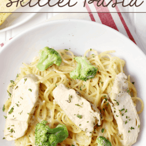 Alfredo Chicken & Broccoli Skillet Pasta in a white bowl.