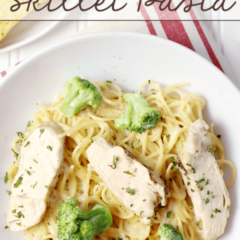 Alfredo Chicken & Broccoli Skillet Pasta in a white bowl.