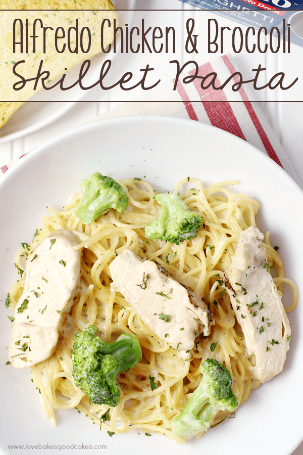 Alfredo Chicken & Broccoli Skillet Pasta in a white bowl.