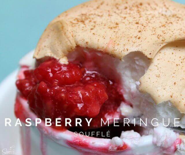 Raspberry Meringue Soufflé in a white bowl close up.