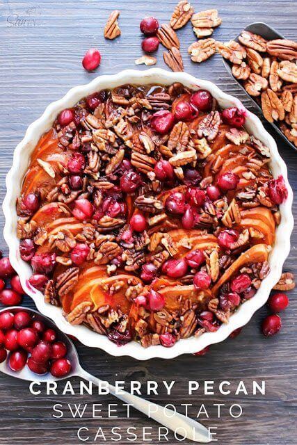 Cranberry Pecan Sweet Potato Casserole in a white bowl.