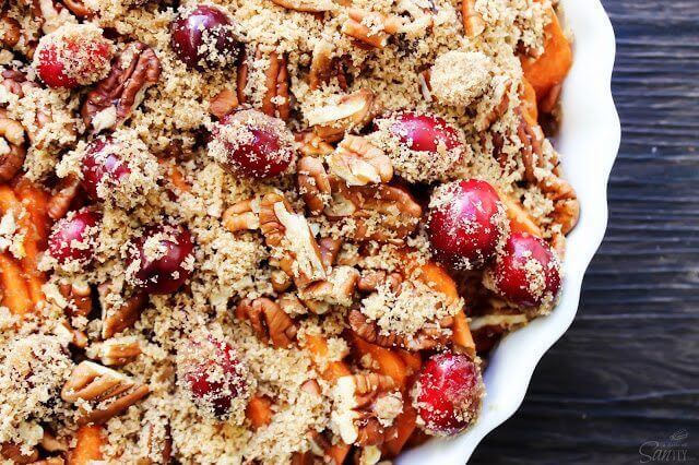 Cranberry Pecan Sweet Potato Casserole in a white bowl.