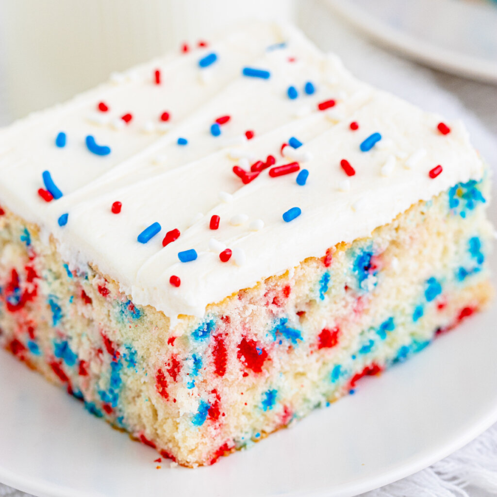 closeup shot of funfetti cake on plate