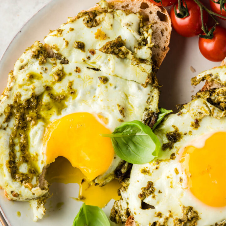 closeup of pesto eggs on toast