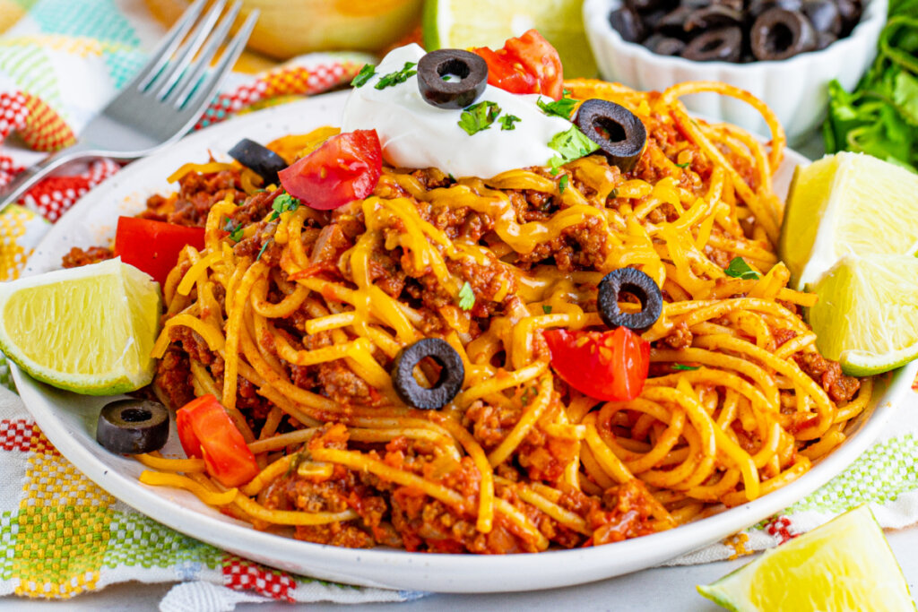 finished taco spaghetti on plate