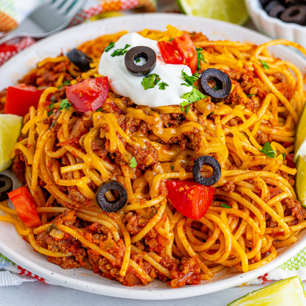 closeup of taco spaghetti on plate