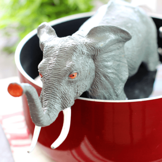 Elephant Stew with plastic elephant in a 5 quart pot for humor.
