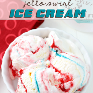 No-Churn Superman Jello Swirl Ice Cream in a white bowl.