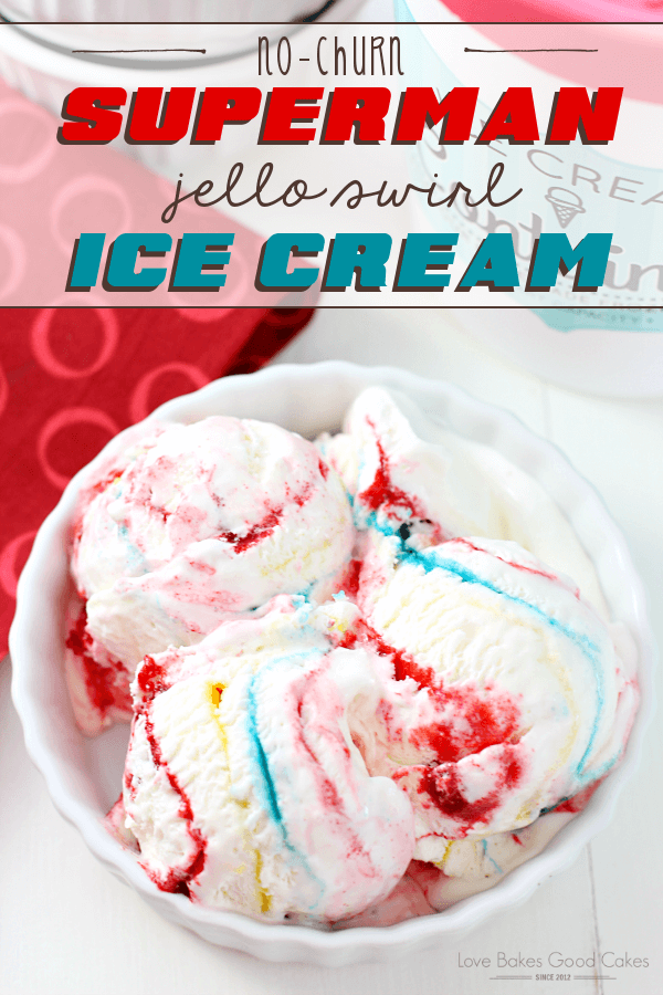 No-Churn Superman Jello Swirl Ice Cream in a white bowl.