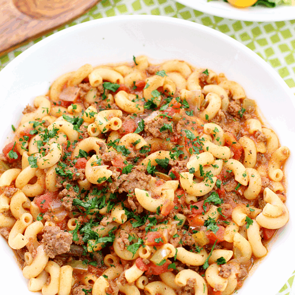 One Pot Goulash in a white bowl.