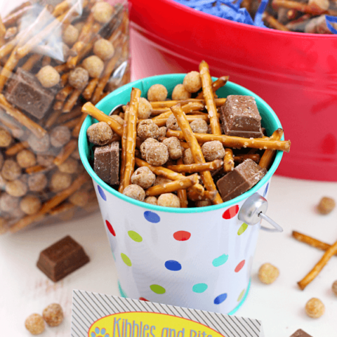 Kibbles & Bits Snack Mix in a metal bucket and in a bag.