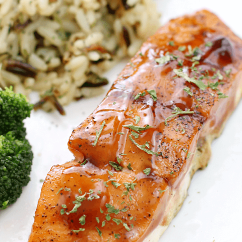 Dr Pepper Glazed Salmon on a white plate.