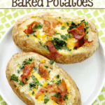 Bacon & Egg Stuffed Baked Potatoes on a white plate.