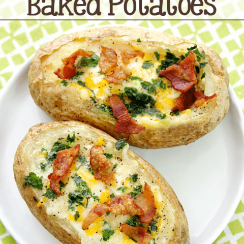 Bacon & Egg Stuffed Baked Potatoes on a white plate.