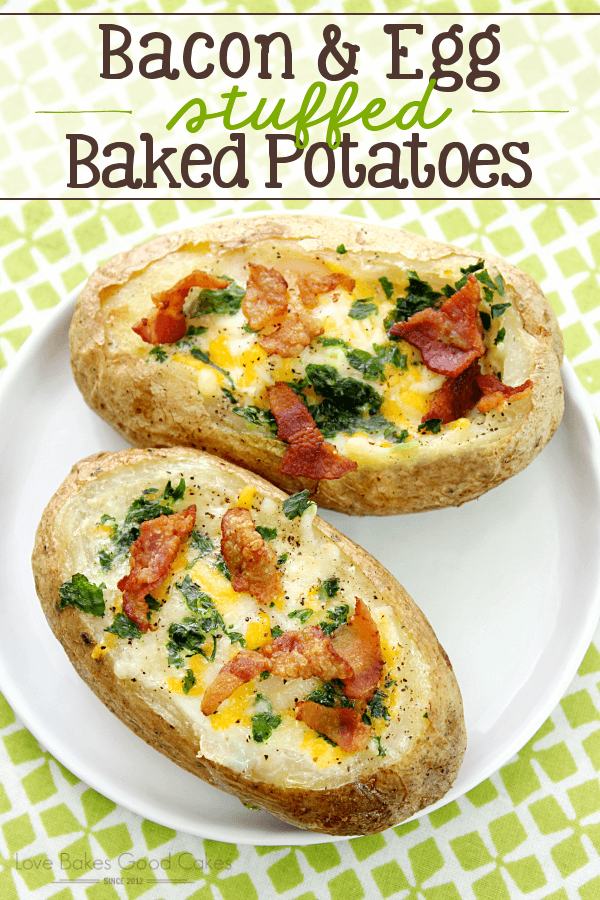 Bacon & Egg Stuffed Baked Potatoes on a white plate.