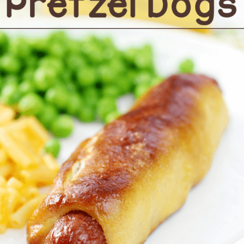 Easy Pretzel Dog on a white plate close up.