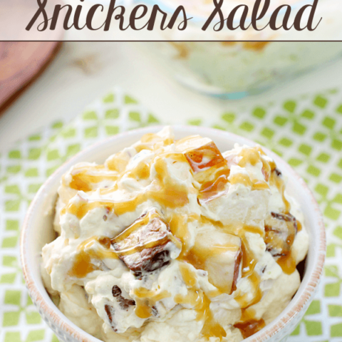 Caramel Apple Snickers Salad in a white bowl.