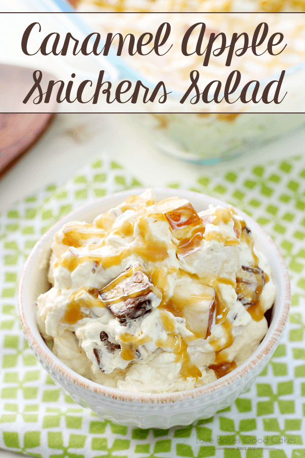 Caramel Apple Snickers Salad in a white bowl.