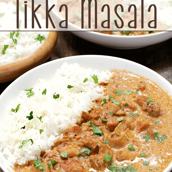 Slow Cooker Chicken Tikka Masala in a white bowl.