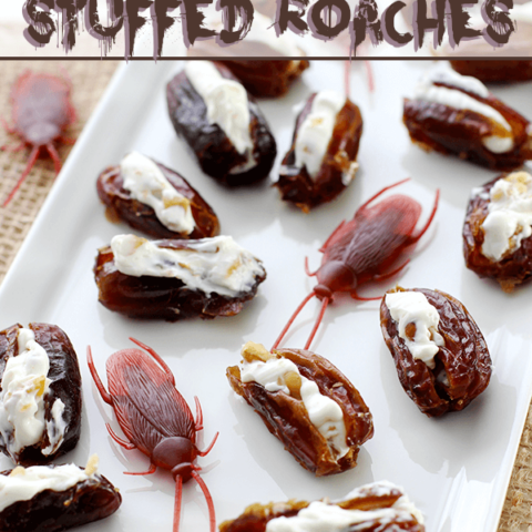 Halloween Stuffed Roaches on a white serving plate.