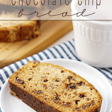 Banana Chocolate Chip Bread on a white plate with a cup of coffee.