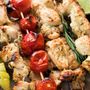 closeup of chicken skewers