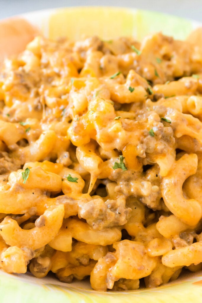 one pot cheeseburger pasta closeup in bowl