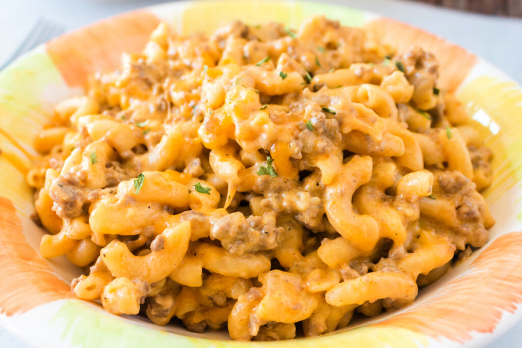 one pot cheeseburger pasta in bowl