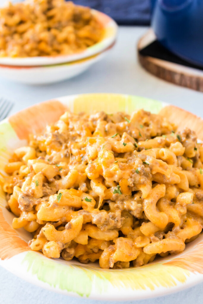 bowl of cheeseburger pasta on table ready to eat