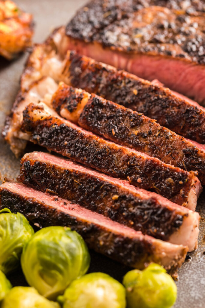 closeup of a ribeye cut into slices