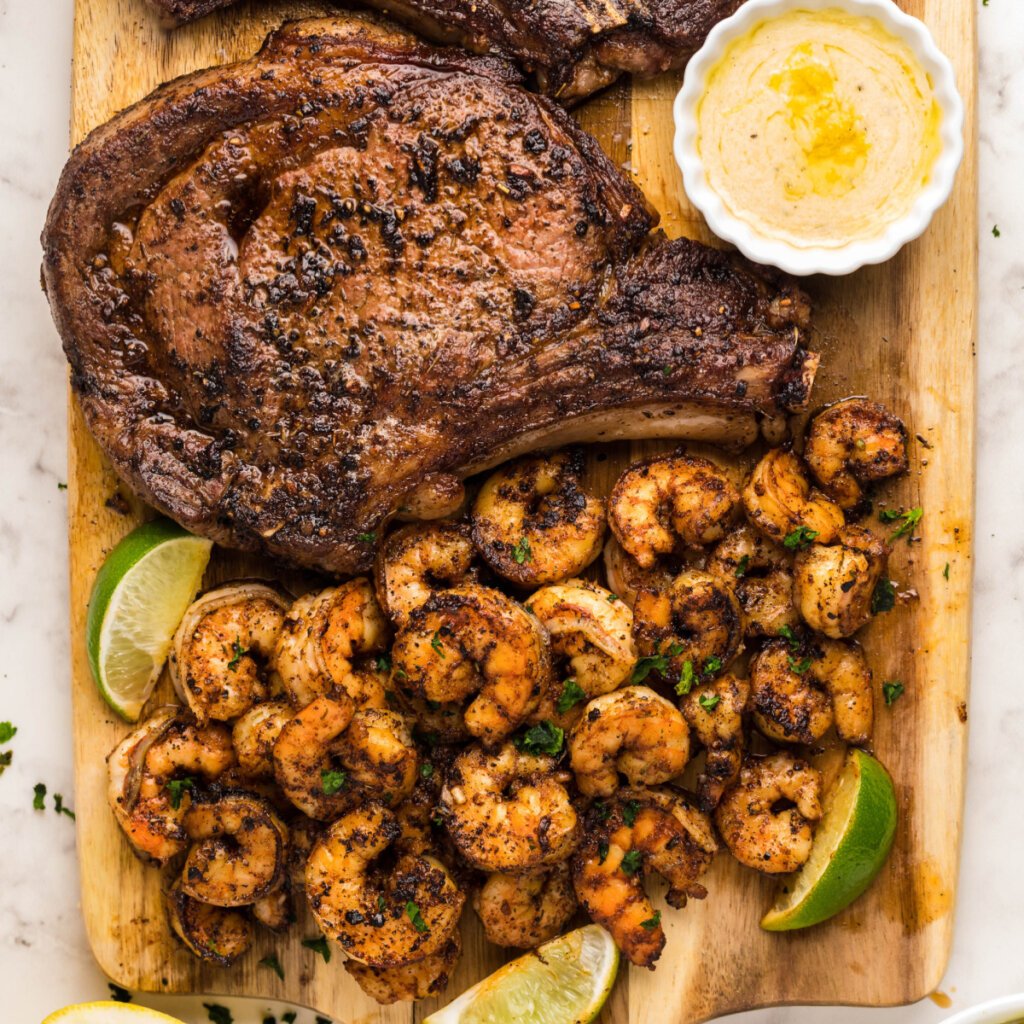 closeup of blackened steak and shrimp