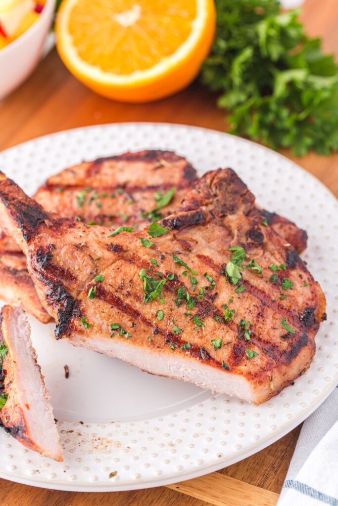 cut pork chop showing the juicy inside