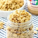 Granola in a clear jar to show texture and quality.