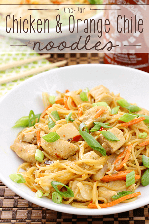 One Pan Chicken & Orange Chile Noodles in a white bowl.