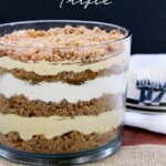 Pumpkin trifle in a glass bowl.