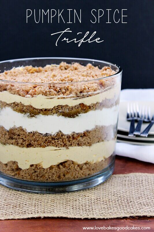 Pumpkin trifle in a glass bowl.