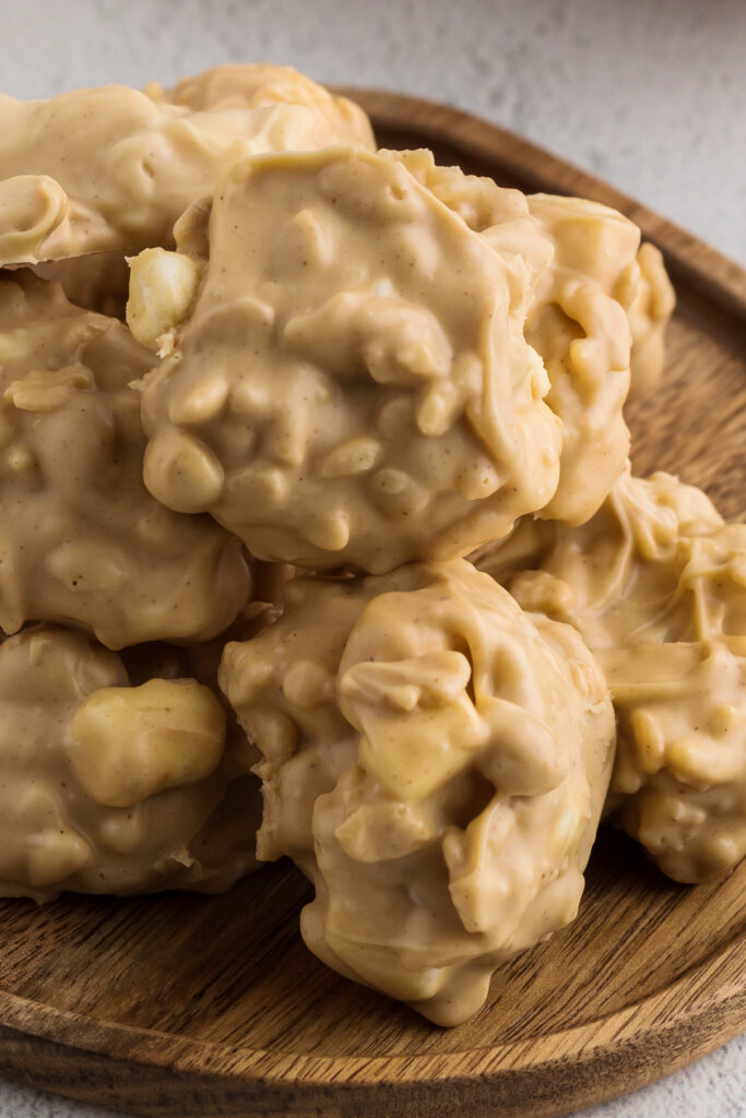 no bake cookies piled on wooden plate