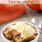 Pumpkin spice lava cake in a white bowl.