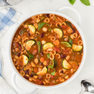 minestrone soup in a white bowl