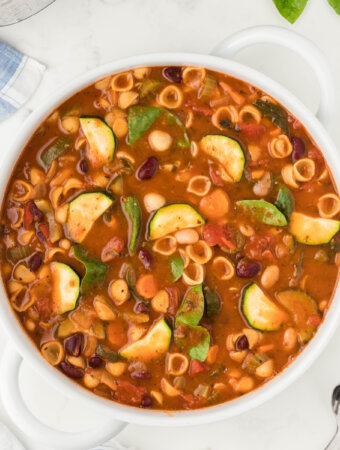 minestrone soup in a white bowl