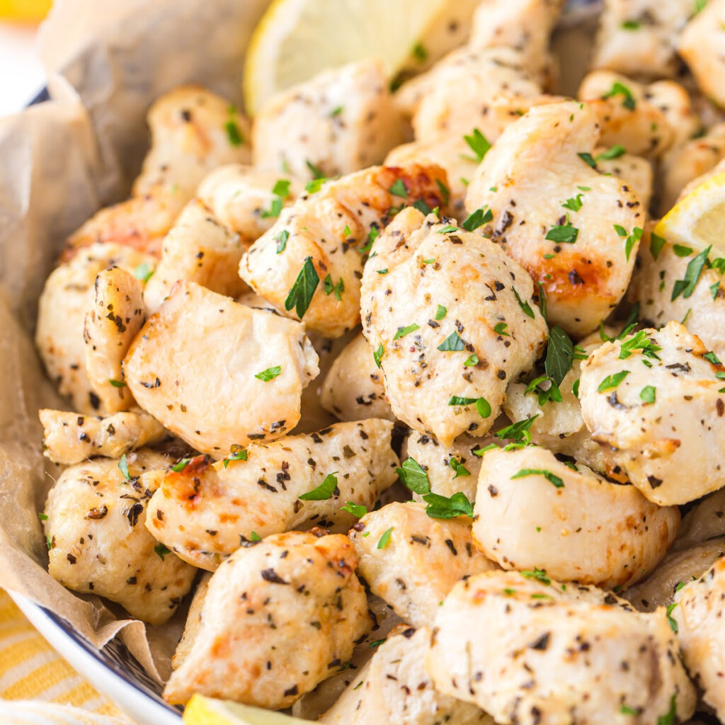 closeup of lemon chicken bites