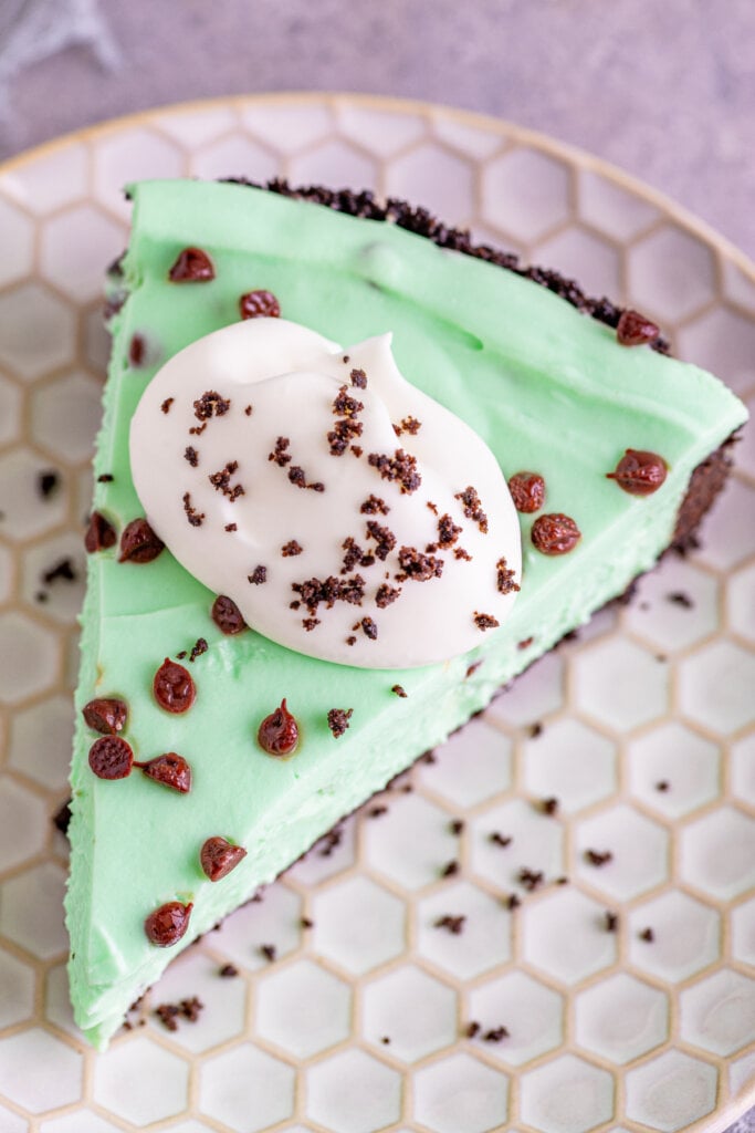 looking down onto the top of a slice of no-bake cheesecake