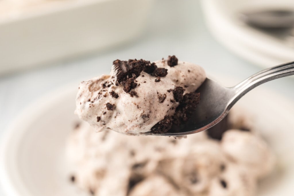 oreo fluff salad on spoon