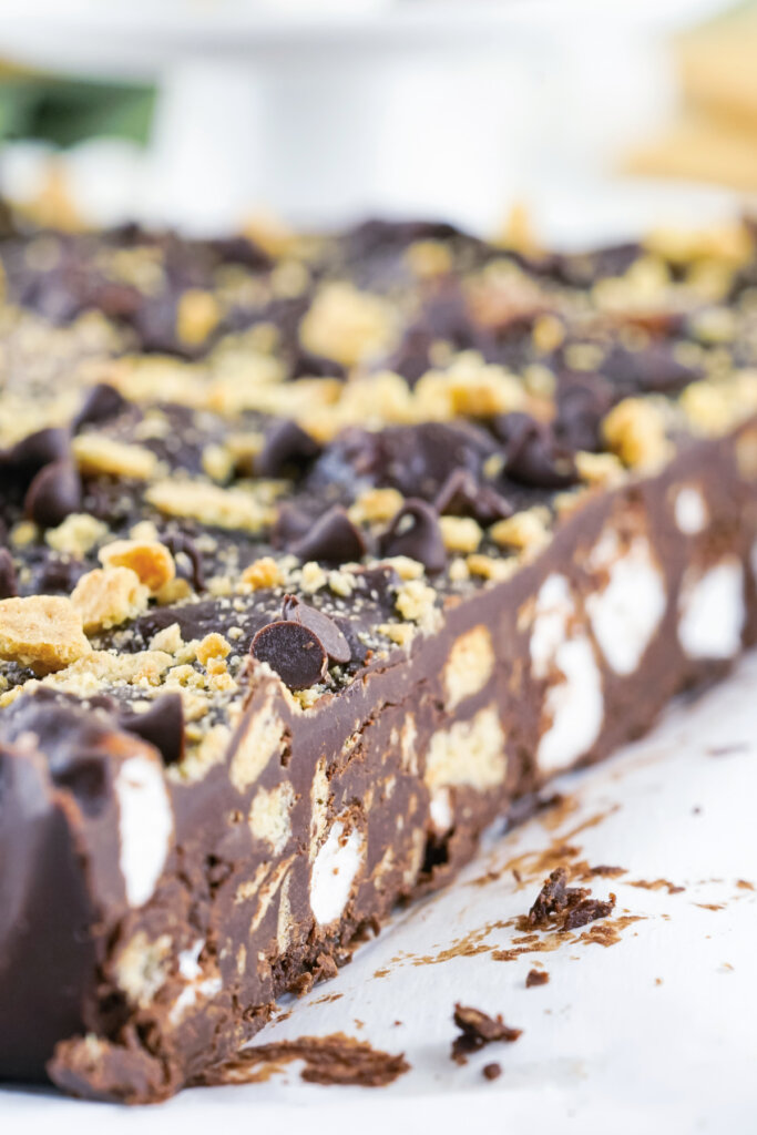 slab of S'mores Fudge cut to see the inside