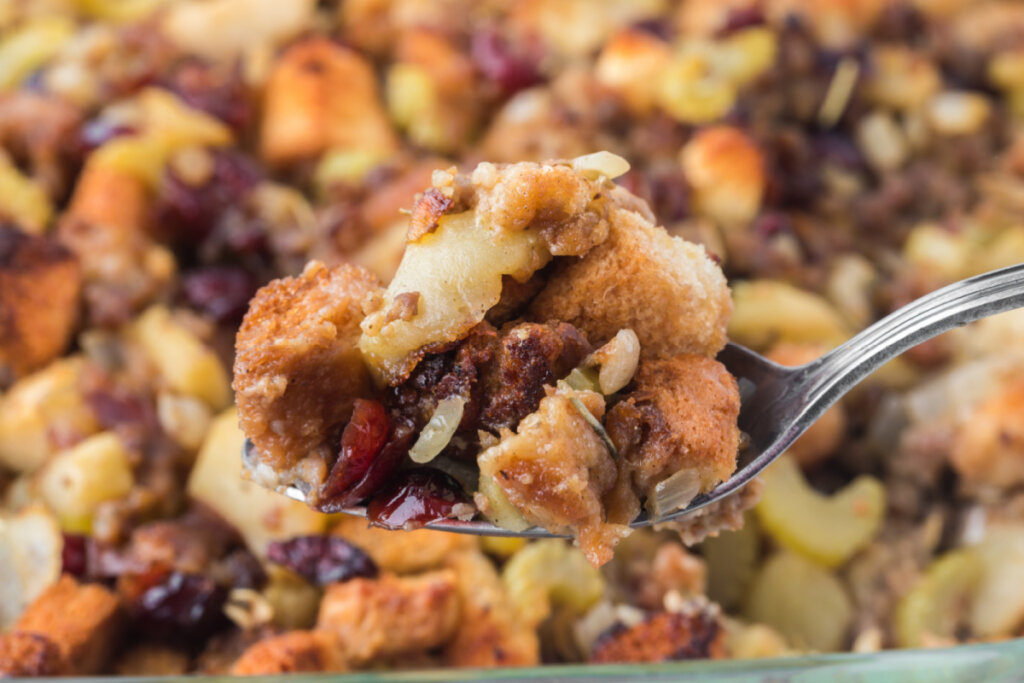 closeup of sausage stuffing on spoon
