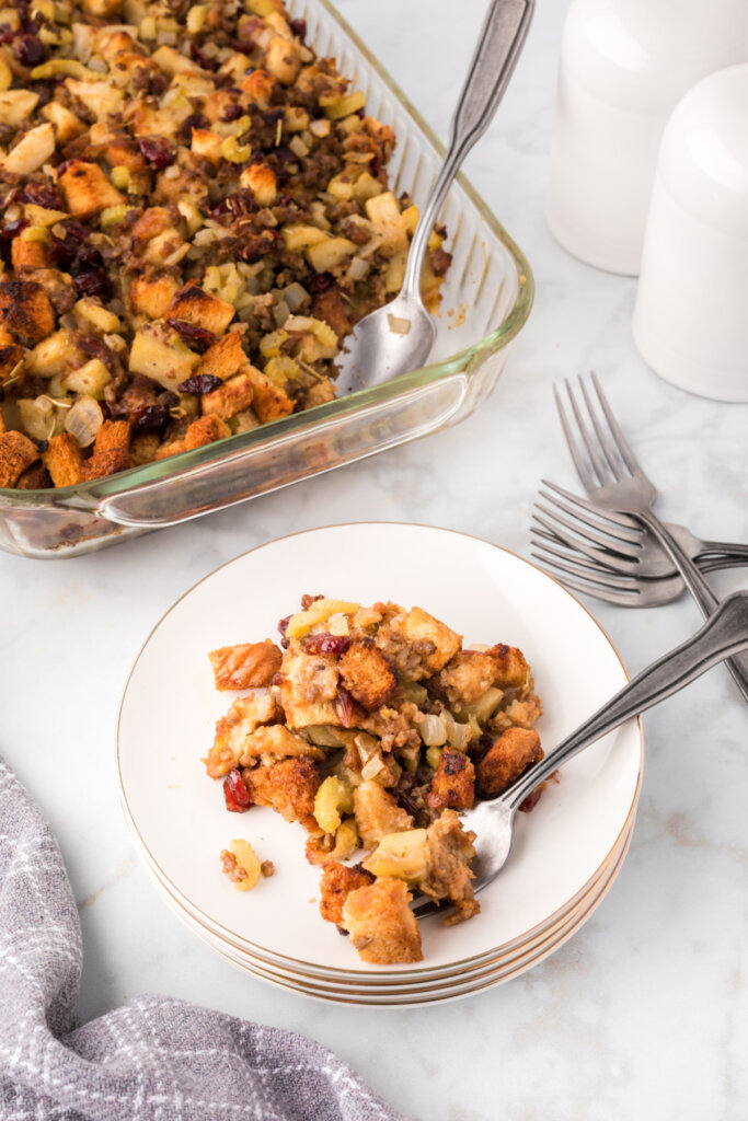 casserole pan and plate with stuffing