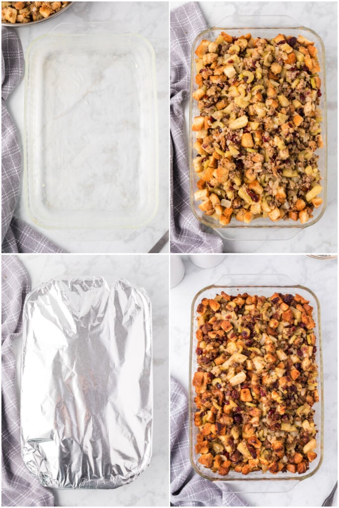 place stuffing in pan, cover, and bake