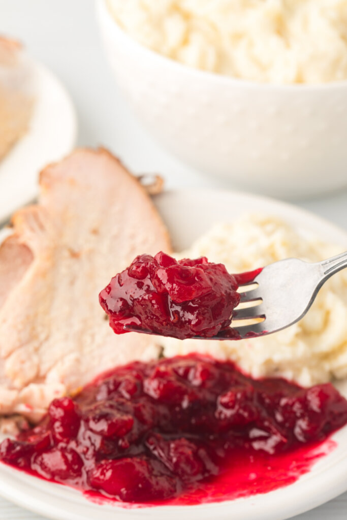 cranberry sauce on fork