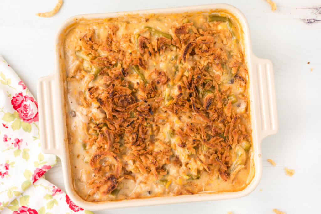 looking down into a pan of green bean casserole