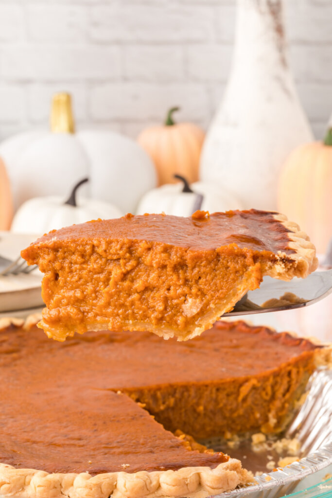 pumpkin pie slice on spatula